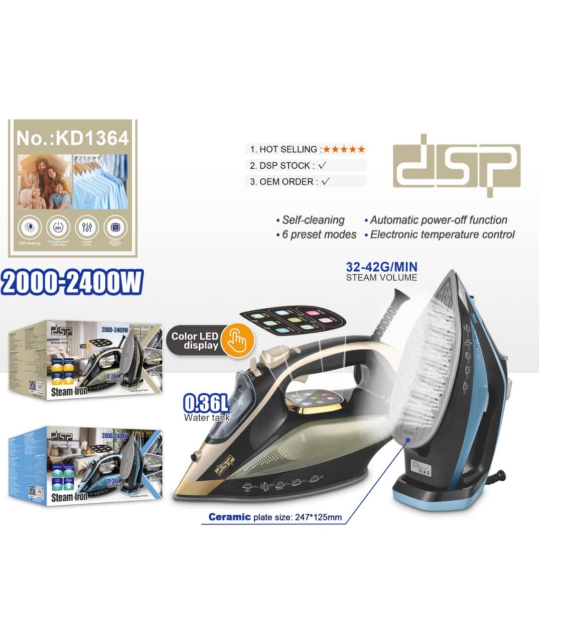 DSP 2400W Steam Iron with Ceramic Soleplate, LED Display & Auto Shut-Off – Heavy Duty Clothes Iron for Kenyan Homes