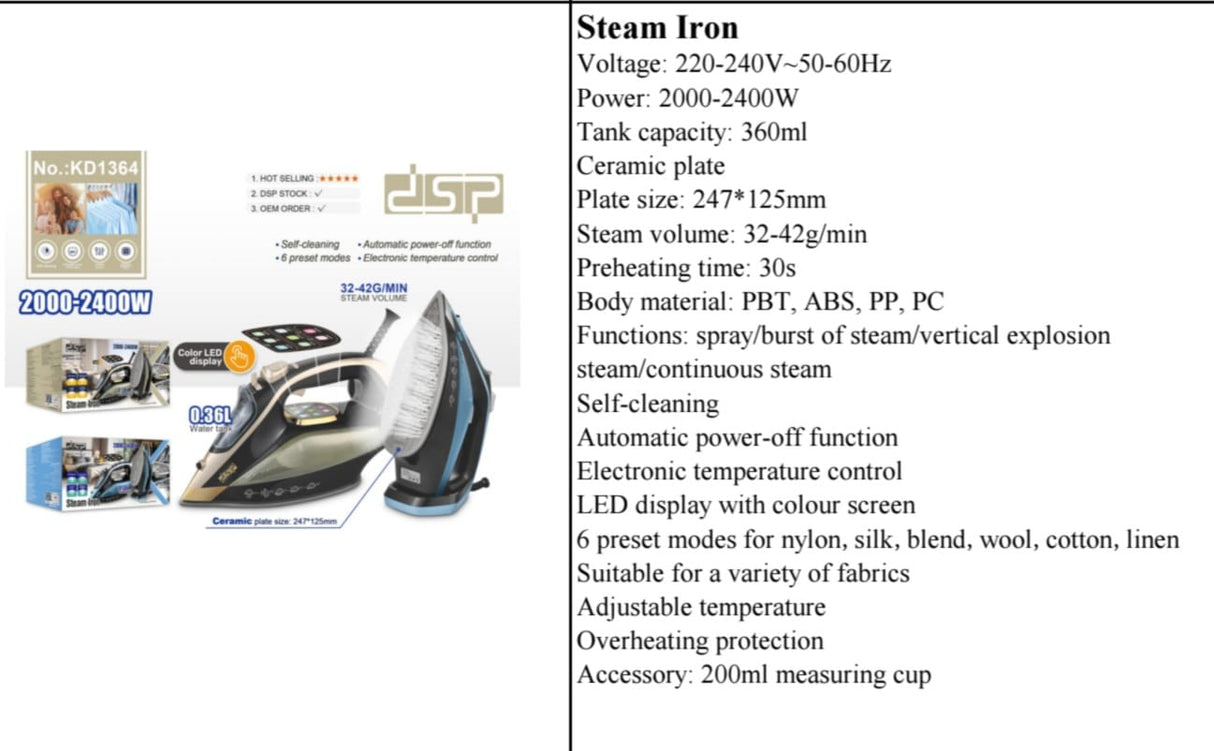 DSP 2400W Steam Iron with Ceramic Soleplate, LED Display & Auto Shut-Off – Heavy Duty Clothes Iron for Kenyan Homes