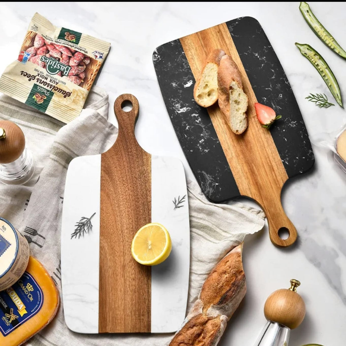 Rectangular Acacia Wood Cutting Board with Natural Marble Inlay Double-Sided Serving & Chopping Board