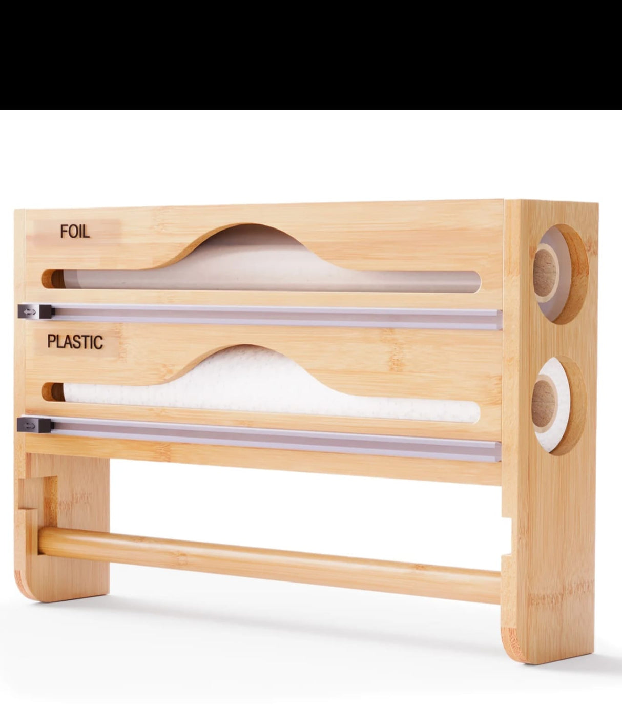 3-in-1 Bamboo Kitchen Wrap Organizer  Wall-Mounted Foil, Cling Film & Paper Towel Holder with Built-in Cutters