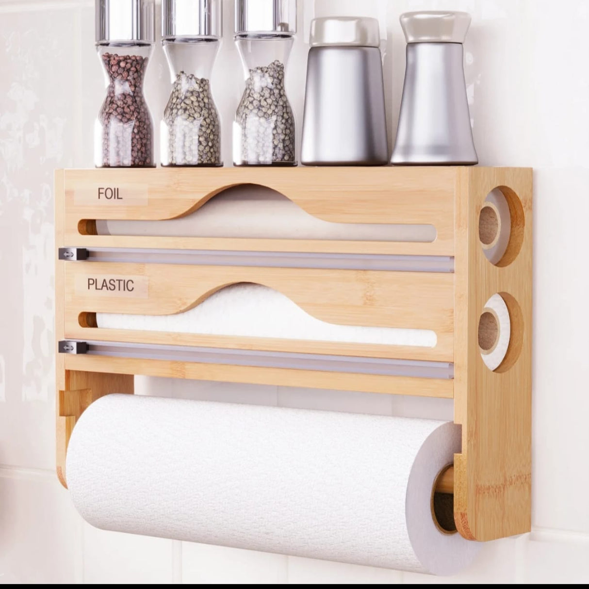 3-in-1 Bamboo Kitchen Wrap Organizer  Wall-Mounted Foil, Cling Film & Paper Towel Holder with Built-in Cutters