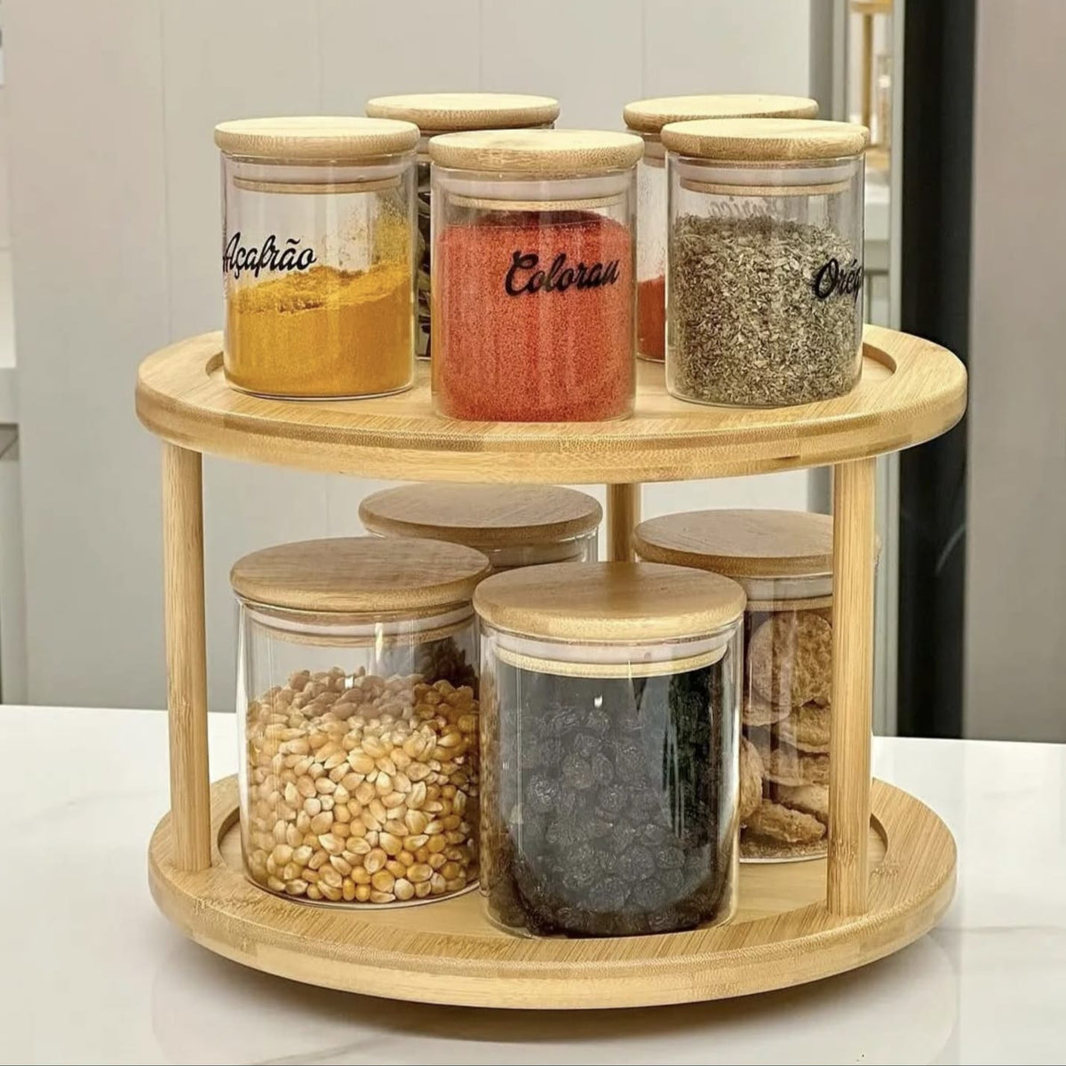 2-Tier Bamboo Rotating Spice Rack Multi-Purpose Condiment Organizer ...