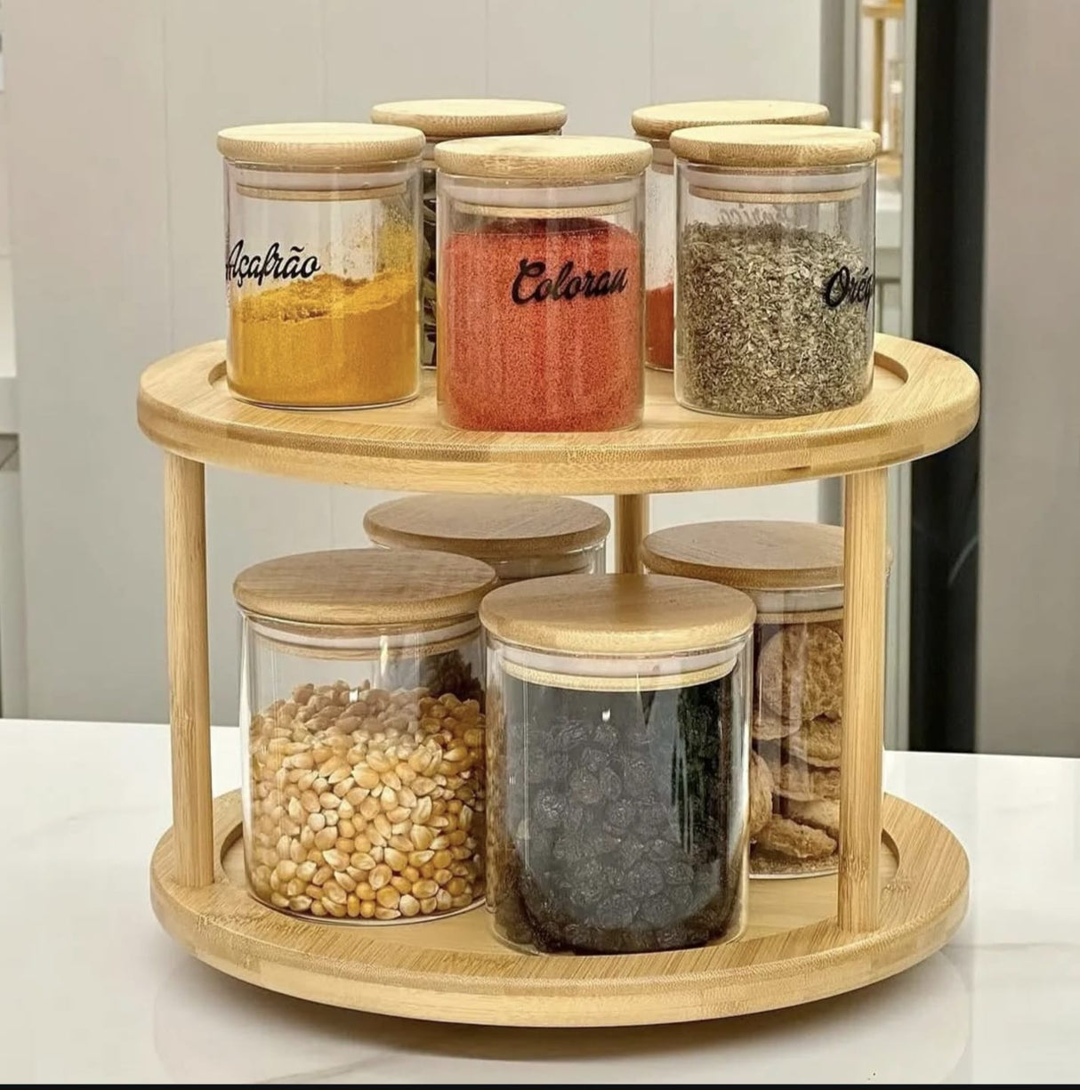 2-Tier Bamboo Rotating Spice Rack  Multi-Purpose Condiment Organizer