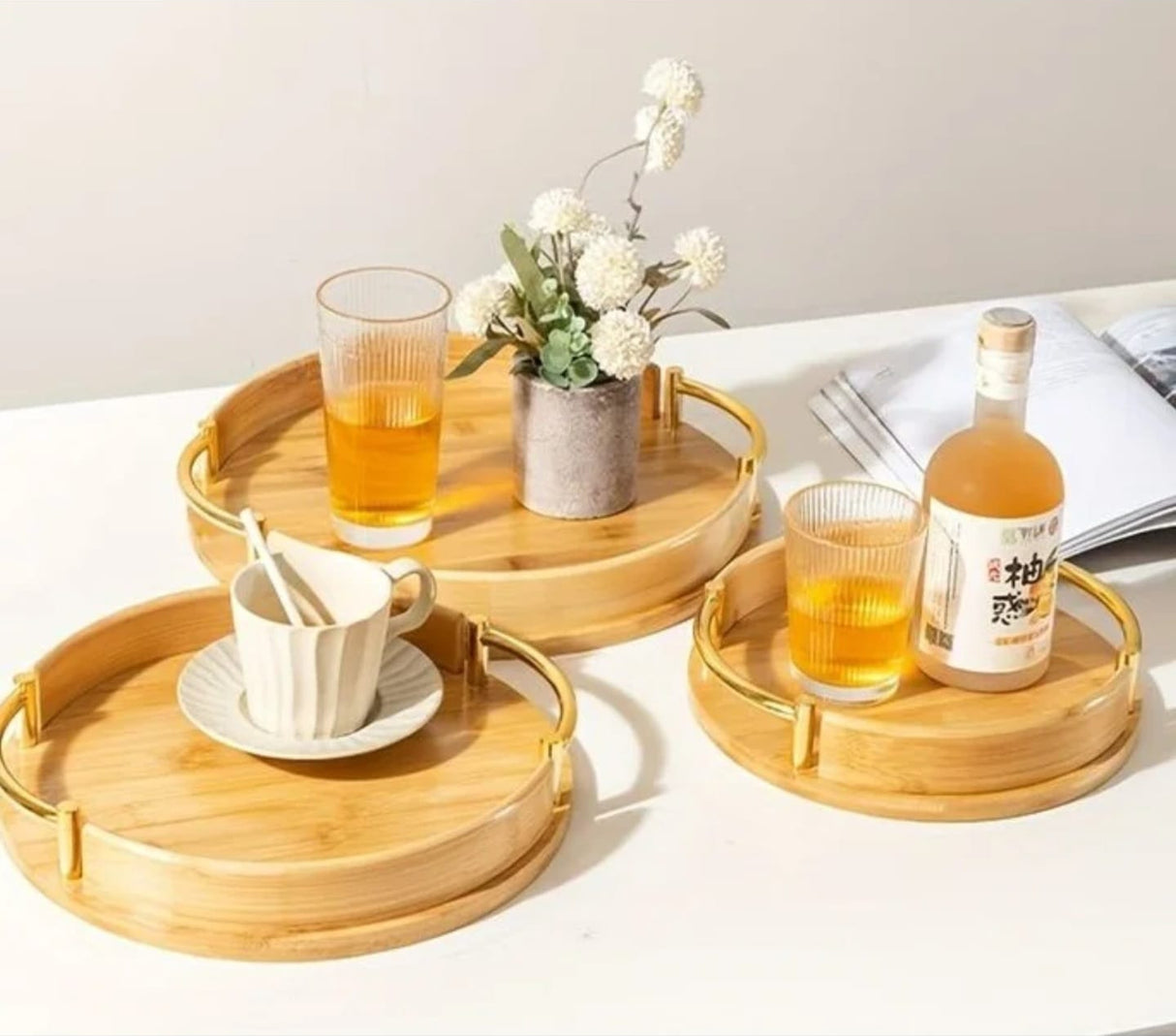Round Bamboo Serving Tray with Metal Handles Multi-Functional & Stylish