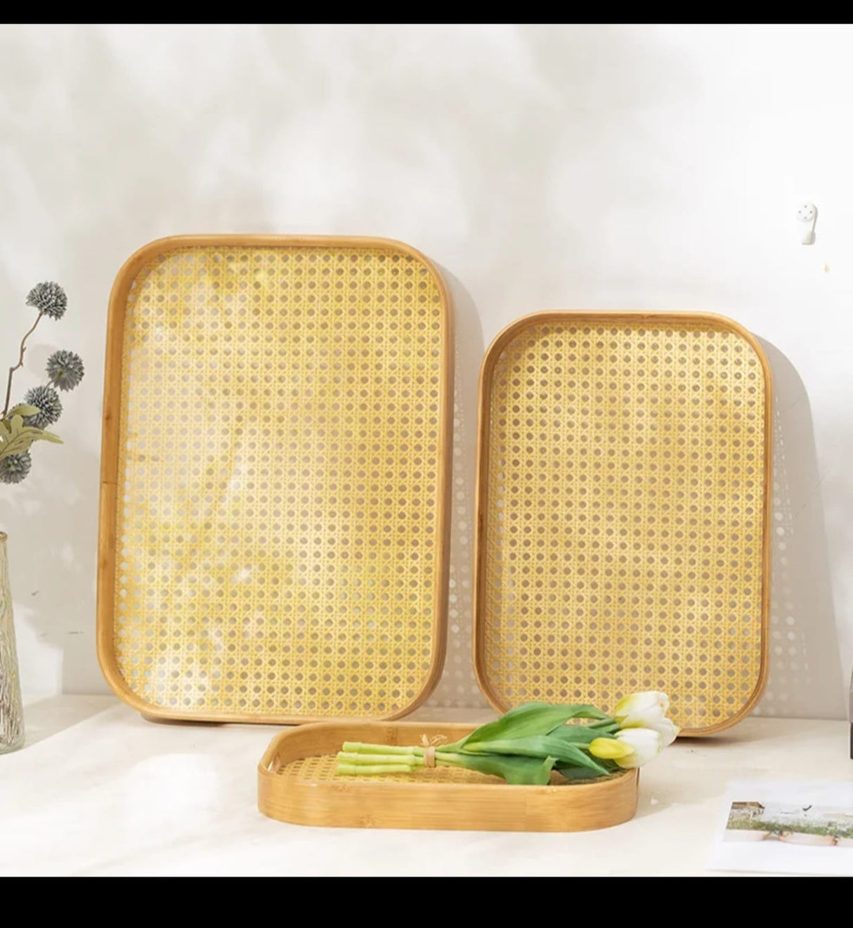 3Pcs Multi-functional Bamboo Serving Trays – Aesthetic Wooden Tray Set with Grid Bottom For Breakfast, Tea, Home Decor & Household Use