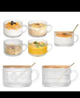 Vintage Clear Glass Coffee Mugs Set of 4 – 400ml Embossed Cups with Bamboo Lids & Metal Spoons for Coffee, Tea & Oatmeal