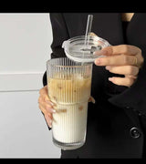 Round Vertical-Striped 600ml Glass Cup with Lid, Reusable Straw & Heat Insulation Cover – for Coffee, Smoothies & Milk