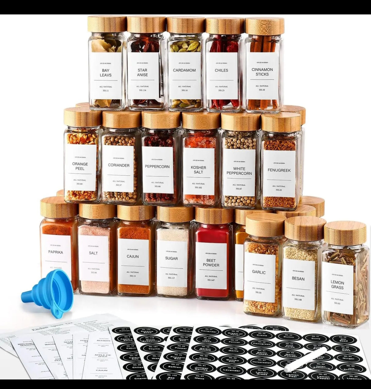 12 PCS Glass Spice Jar Set with Bamboo Lids – Complete Kitchen Organizer Kit w/ Labels, Funnel & Brush