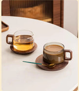 Retro Glass Tea & Coffee Cup with Wooden Handle & Saucer (250ml)