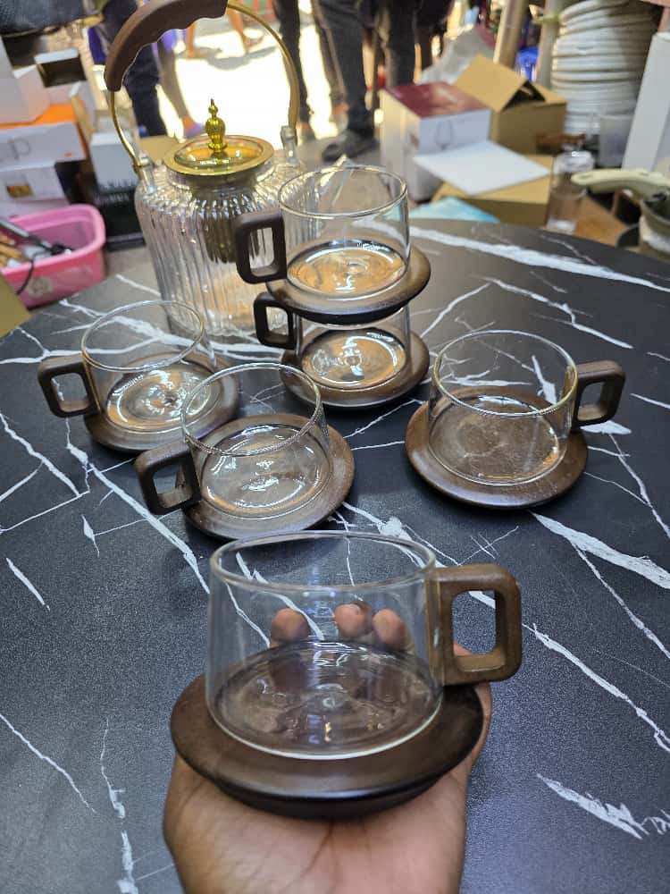 Retro Glass Tea & Coffee Cup with Wooden Handle & Saucer (250ml)