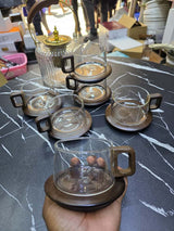 Retro Glass Tea & Coffee Cup with Wooden Handle & Saucer (250ml)