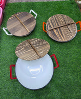 36cm Non Stick Enameled Cast Iron Wok Pan with Wooden Lid for Stir Frying Deep Frying Steaming