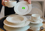 39 Piece White Porcelain Ceramic Dinner Set with Gold Rim 6 Plates 6 Bowls 6 Cups Saucers Platter Kettle