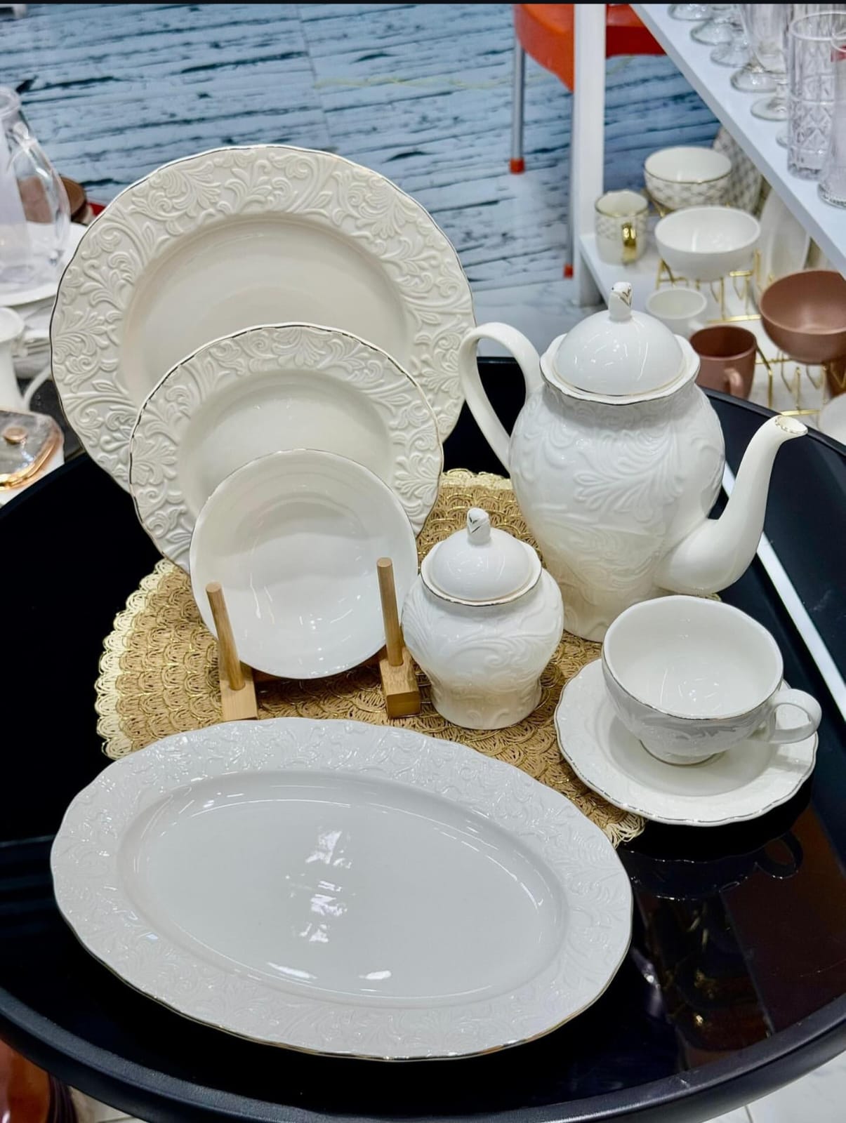 39 Piece White Porcelain Ceramic Dinner Set with Gold Rim 6 Plates 6 Bowls 6 Cups Saucers Platter Kettle