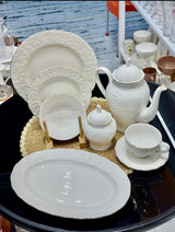 39 Piece White Porcelain Ceramic Dinner Set with Gold Rim 6 Plates 6 Bowls 6 Cups Saucers Platter Kettle