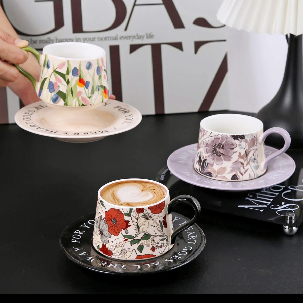 Hand Printed Peony Ceramic Coffee Cup with Saucer Set 300ml Gift Box ...