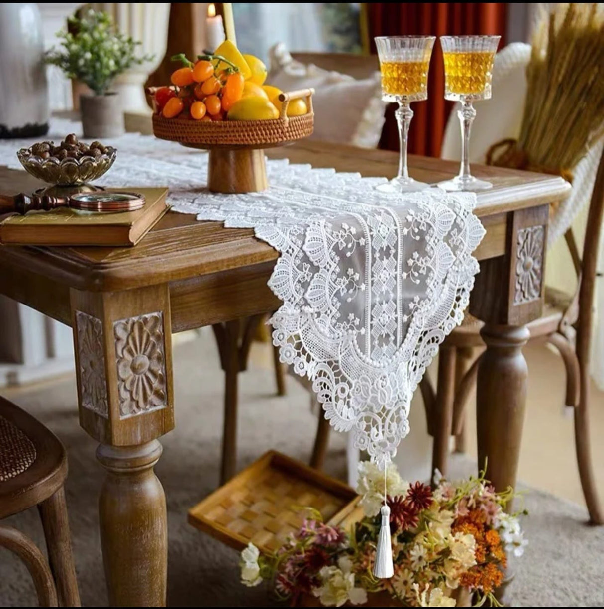 Lace Table Runner 35cm x 210cm – Embroidered Fabric Table Mat for Dining Room Living Room