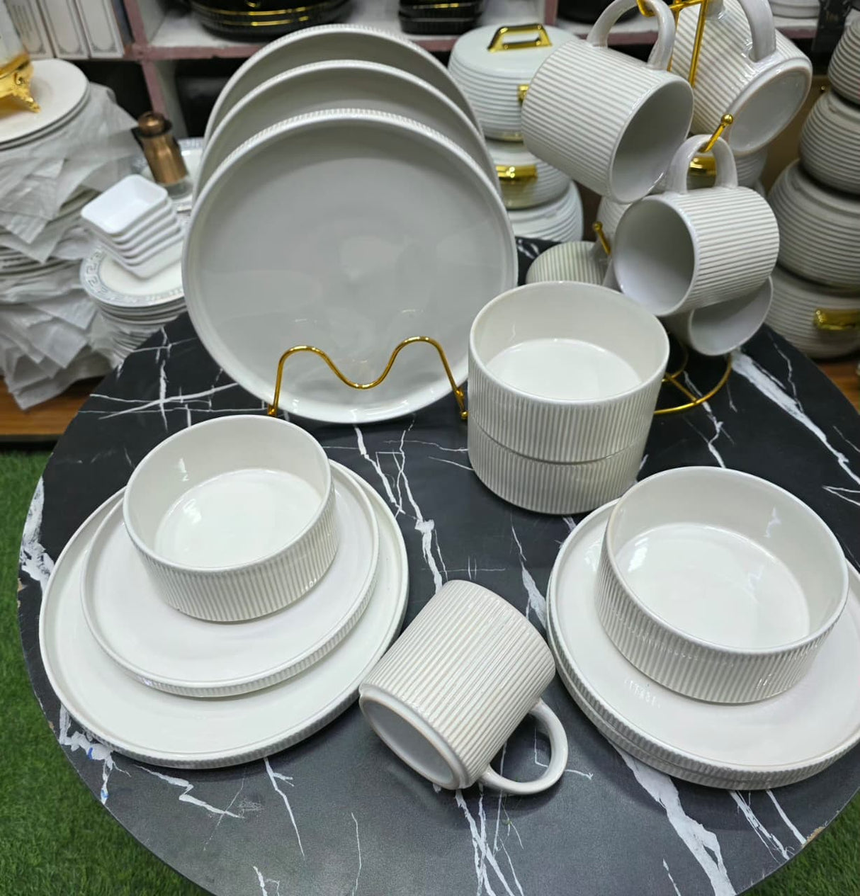 16pcs Elegant Reactive Glazed White Embossed Stoneware Set Transform Your Dining Table