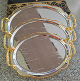 Luxury Serving Tray Set 3 Pieces Iron Steel Serving Tray Set Full Nickel With Gold Handle