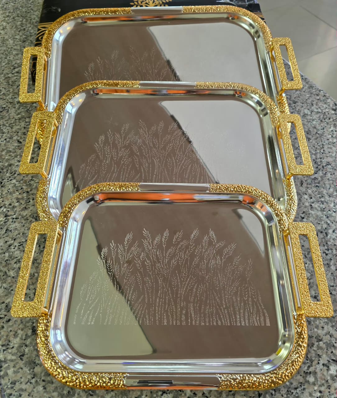 Luxury Serving Tray Set 3 Pieces Iron Steel Serving Tray Set Full Nickel With Gold Handle