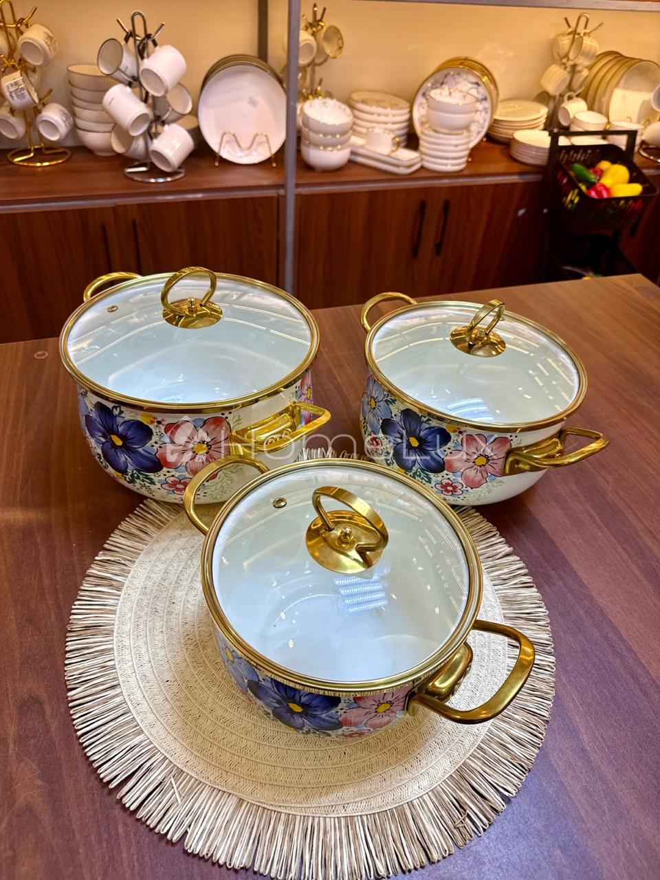 3pcs Enamelware Casserole Cooking Pot Set | Heavy-Duty Enamel Stockpots with Glass Lids in Kenya