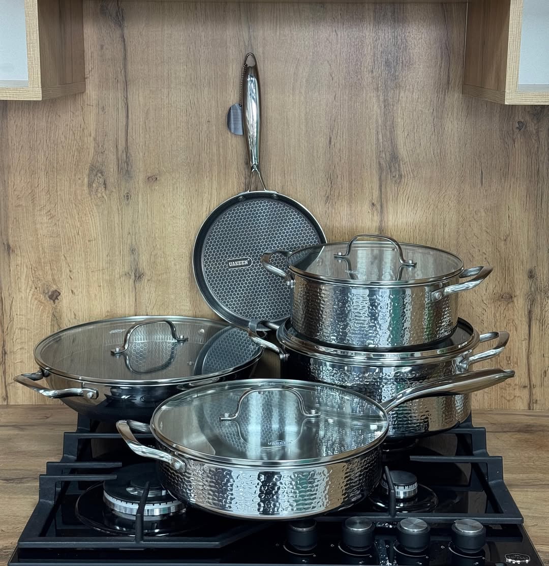 Uakeen 9PCS Tripply Stainless Steel Cookware Set | Hammered Design Pots, Wok & Frying Pans | Kenya