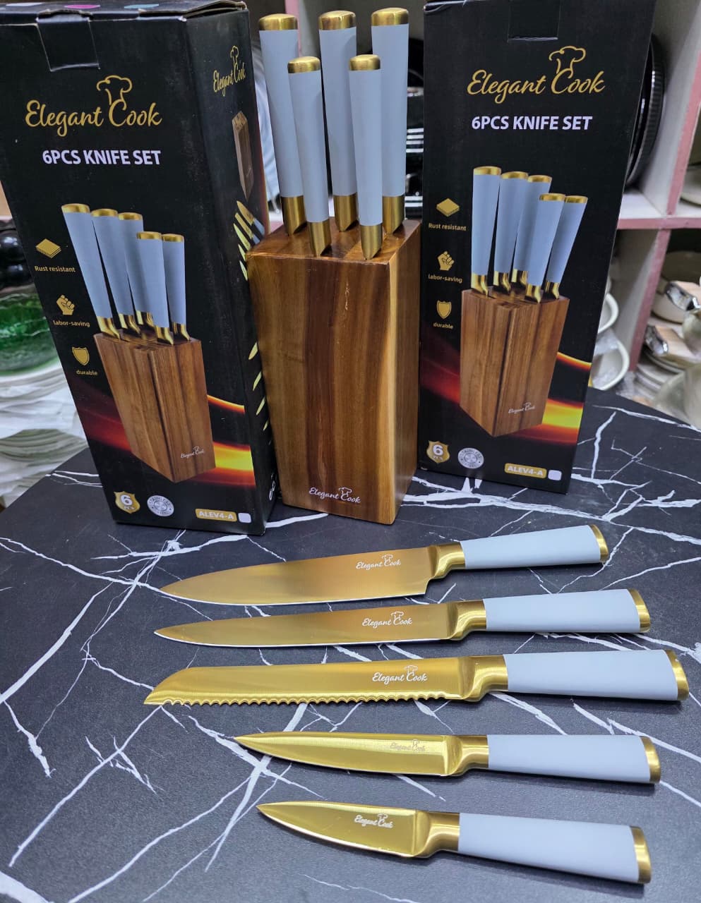 6pcs Golden Stainless Steel Knife Set with Wooden Block | Elegant Kitchen Knives in Kenya