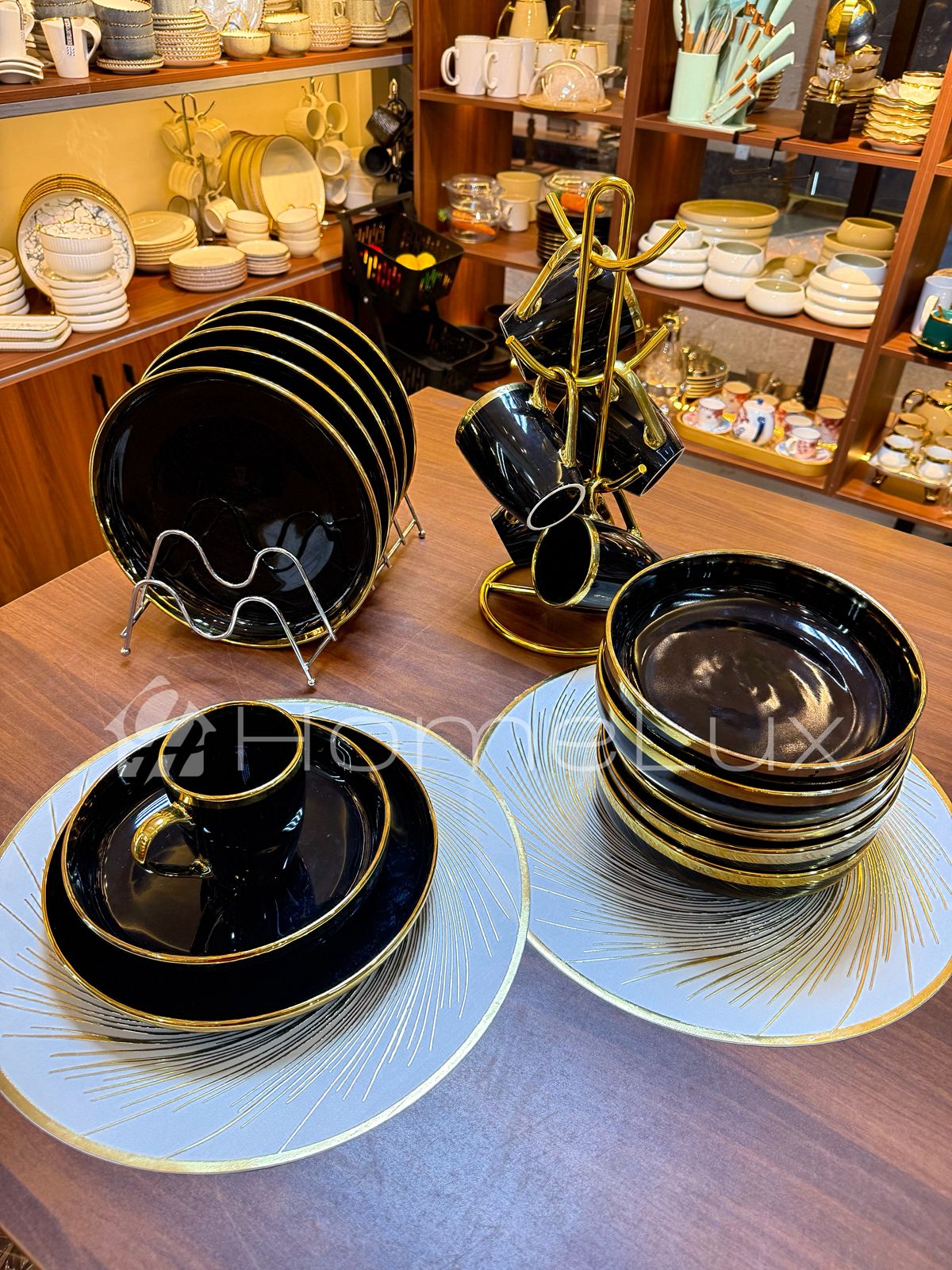 24pcs Black Dinner Set with Gold Rim (Porcelain)