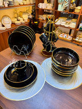 24pcs Black Dinner Set with Gold Rim (Porcelain)