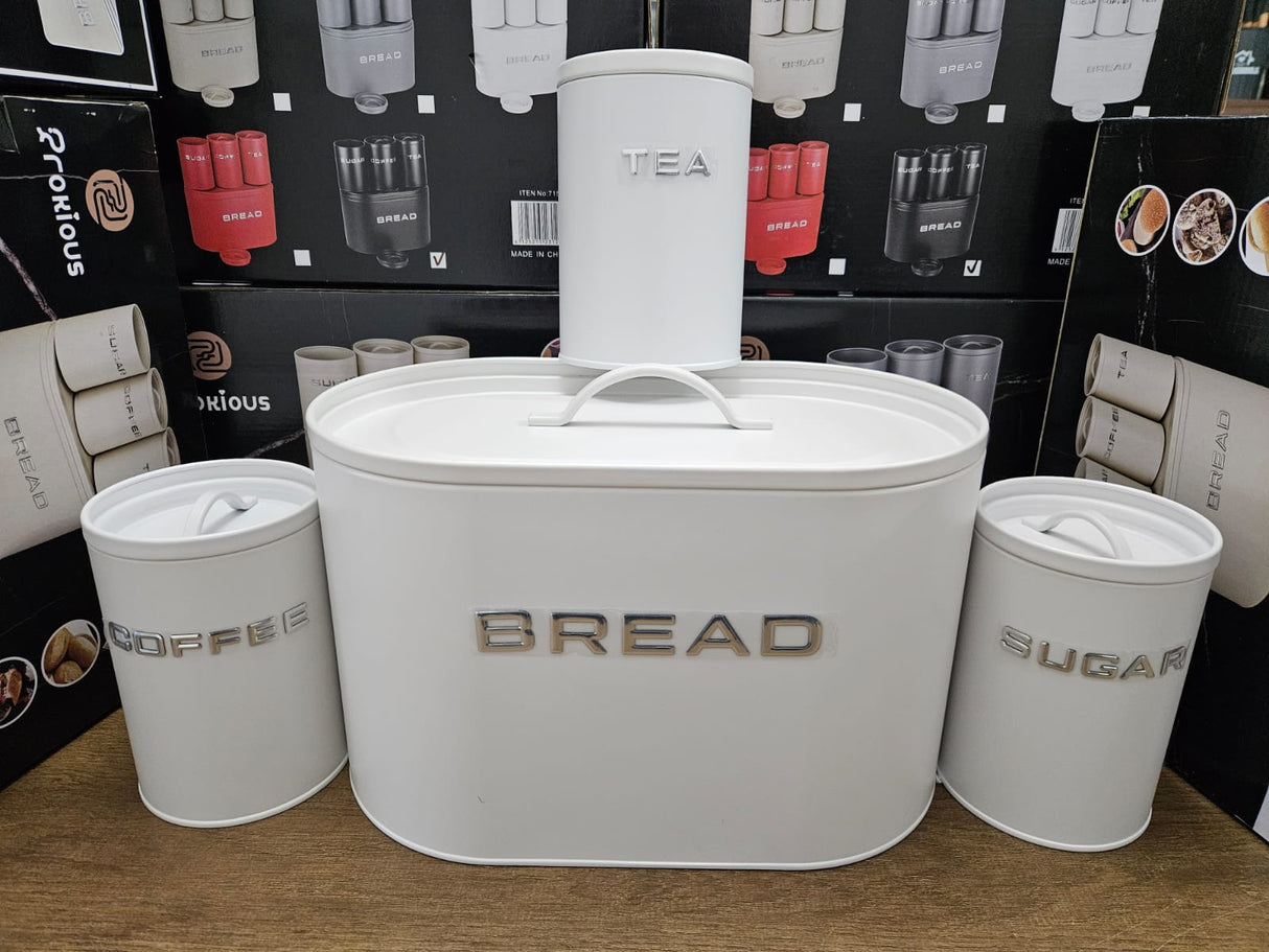 Alloy Bread Bin with 3 Labelled Airtight Canisters Set