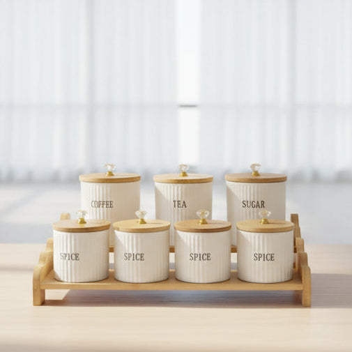 8-Piece Ceramic Spice Canister Set with Bamboo Stand | Sugar, Tea, Coffee & Spice Jars