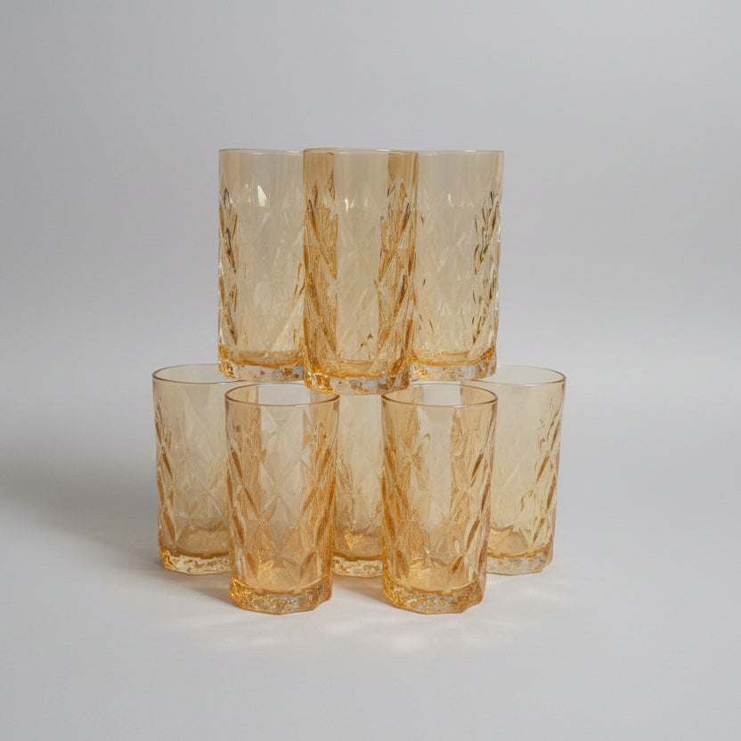 Diamond Crystal Gold Long Glasses Set of 6 – 350ml Water & Juice Glass Set