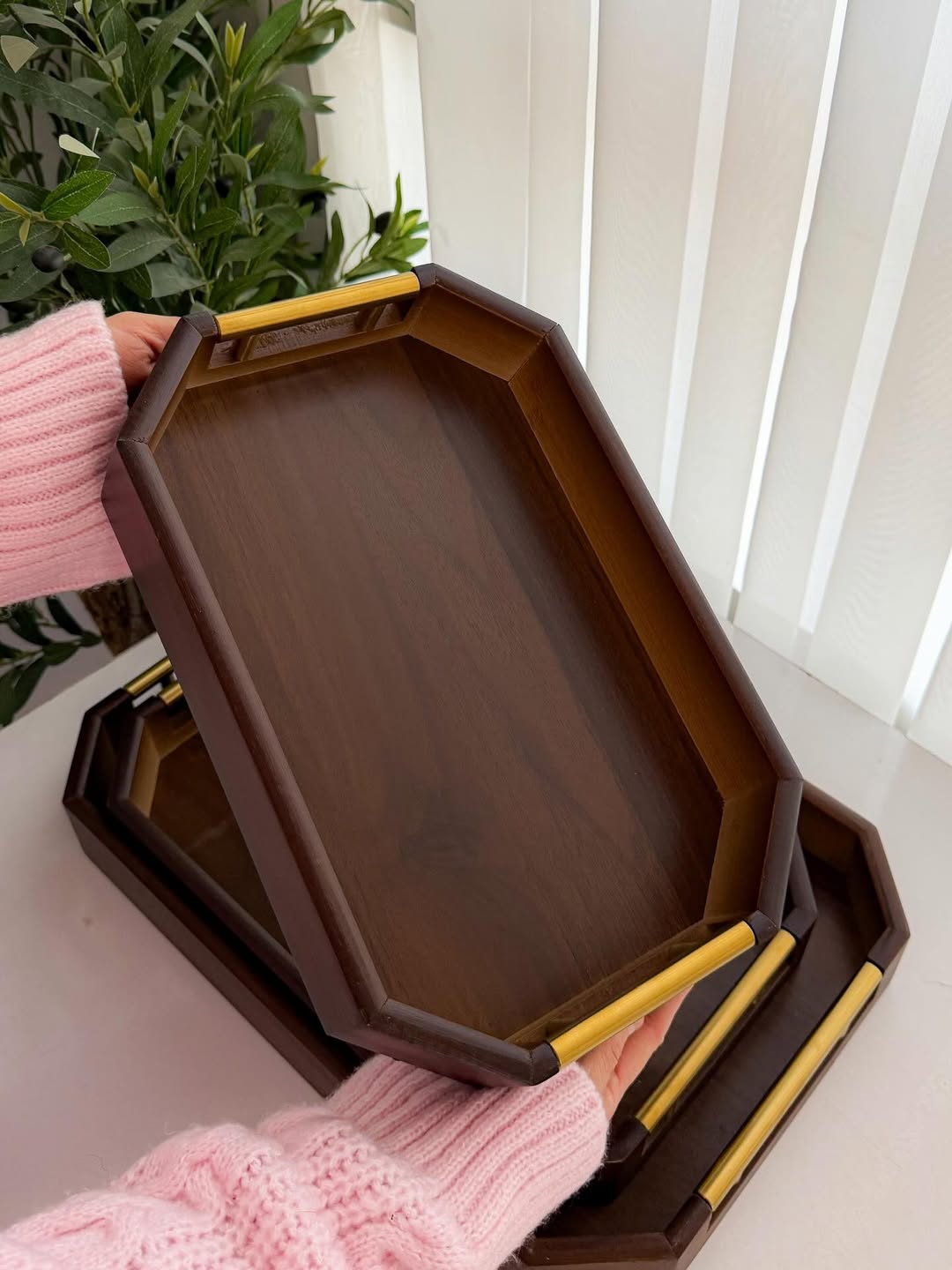 Bamboo Serving Tray Set of 3 – Rectangular with Metal Handles