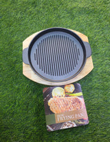Cast Iron Round Sizzling Plate with Wooden Base 22cm – Black
