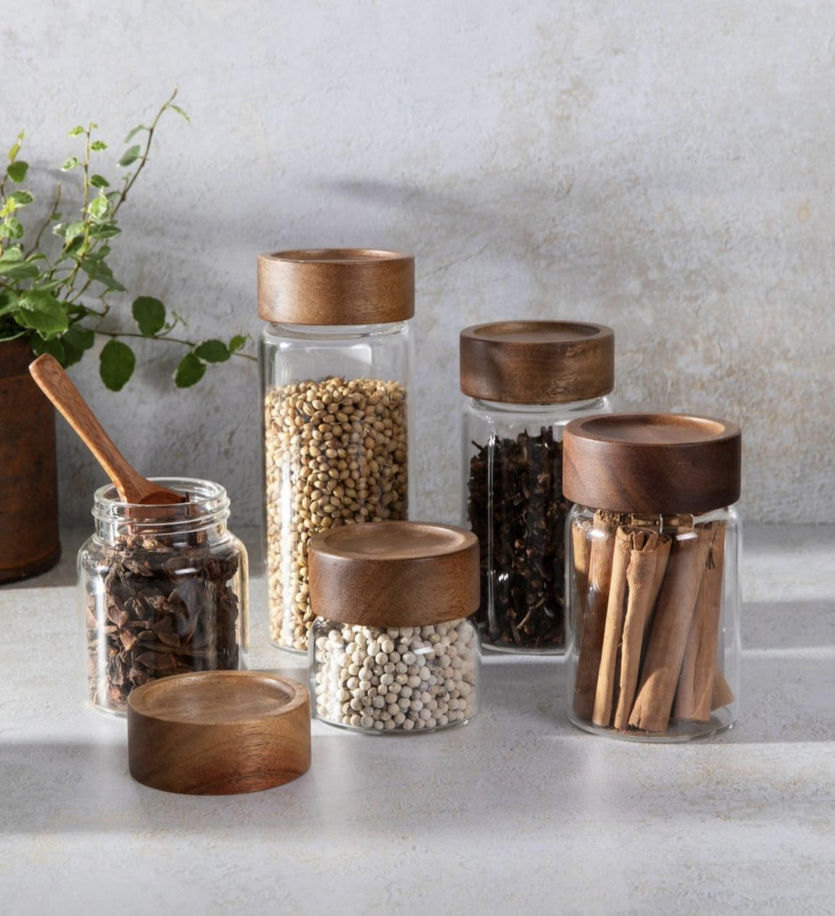 Pantry Jar Set: Glass Storage Jar with Handle, Acacia Lid Glass Jars and Pantry Label Pen