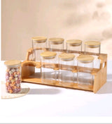 8pcs Borosilicate Glass Spice Jar Set with Bamboo Lid & Rack 300ml