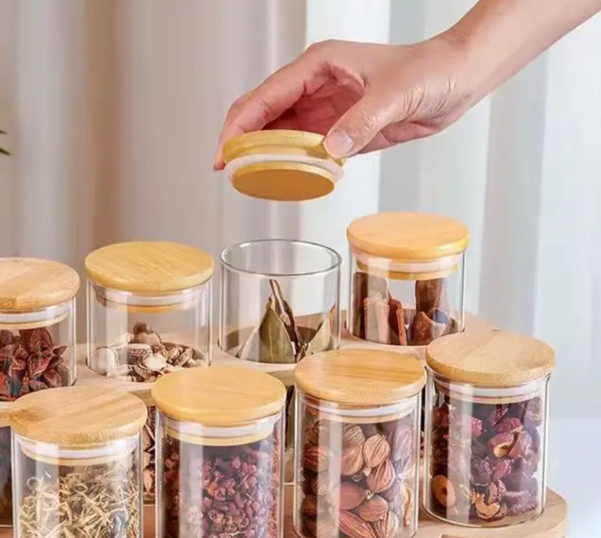 8pcs Borosilicate Glass Spice Jar Set with Bamboo Lid & Rack 300ml