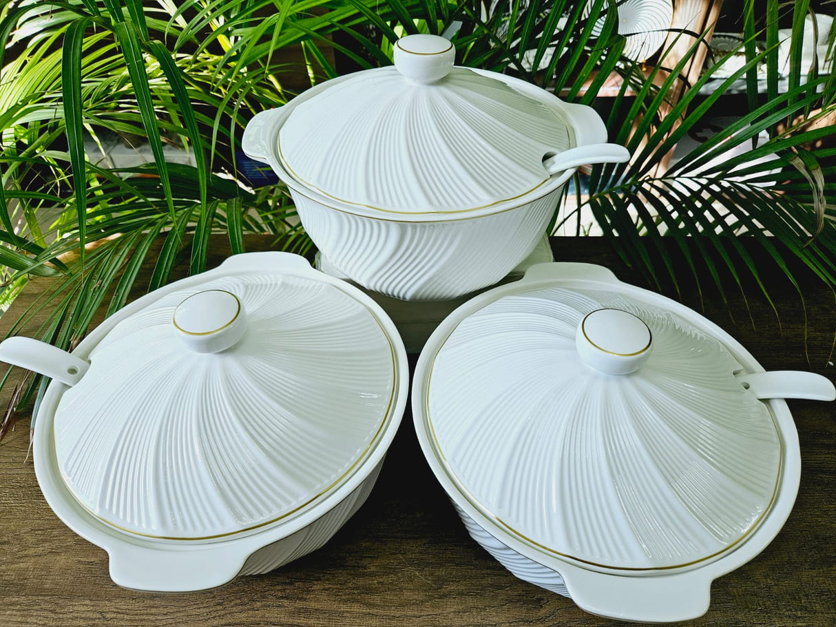 Set of 3 Large White Ceramic Serving Bowls with Serving Spoons – 4L Round Salad, Soup & Fruit Bowl Set