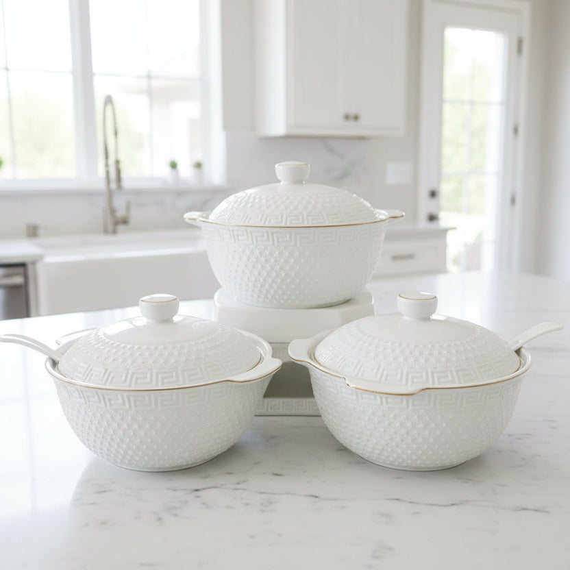 Set of 3 Large White Ceramic Serving Bowls with Serving Spoons – 4L Round Salad, Soup & Fruit Bowl Set
