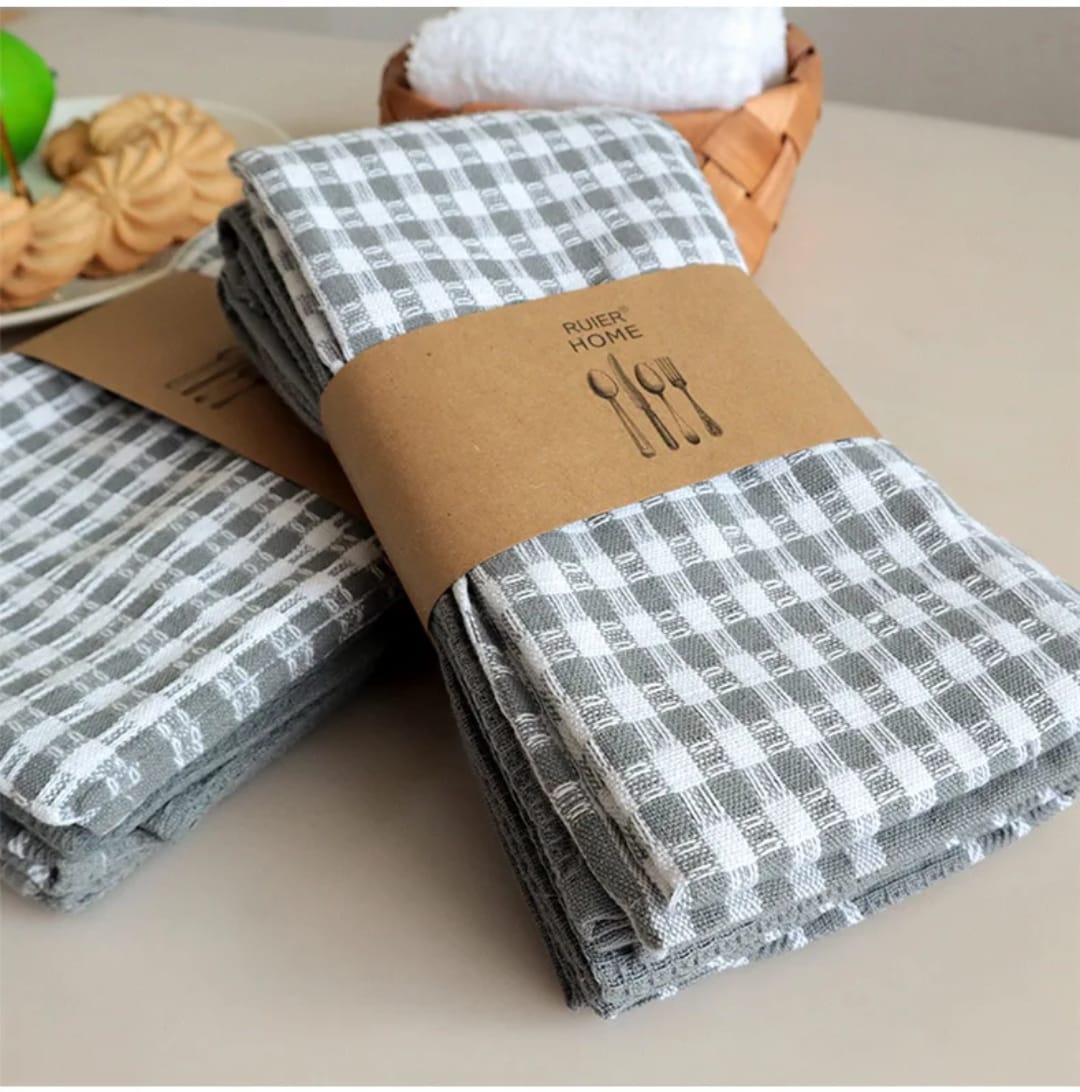Waffle Weave Kitchen Towel Set of 3 – Checked Pattern, Soft Absorbent & Quick Dry