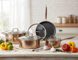 Uakeen Germany 9-Piece Gold Triply Stainless Steel Cookware Set Kenya | Hammered Pattern Cooking Pots & Deep Frying Pan with Lids, Non-Stick Mirror Polish Casserole Set, All Cooktop Compatible Sufuria Set