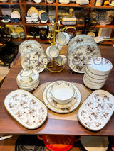 Danny Home 32-Piece Porcelain Dinnerware Set | Blue Floral Gold Edge Dinner Set with Cups, Saucers, Bowls & Oval Platter