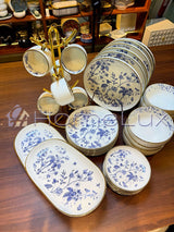 Danny Home 32-Piece Porcelain Dinnerware Set | Blue Floral Gold Edge Dinner Set with Cups, Saucers, Bowls & Oval Platter