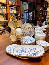 Danny Home 32-Piece Porcelain Dinnerware Set | Blue Floral Gold Edge Dinner Set with Cups, Saucers, Bowls & Oval Platter