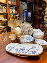 Danny Home 32-Piece Porcelain Dinnerware Set | Blue Floral Gold Edge Dinner Set with Cups, Saucers, Bowls & Oval Platter