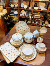 Danny Home 32-Piece Porcelain Dinnerware Set | Blue Floral Gold Edge Dinner Set with Cups, Saucers, Bowls & Oval Platter