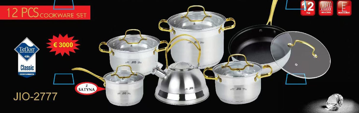 JIO 12-Piece Stainless Steel Cookware Set with Kettle | Mirror Polish Non-Stick Pots, Pans & Kettle Set