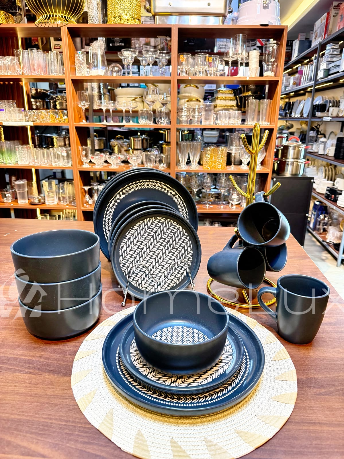 Black Floral Ceramic Dinner Set 24 Piece – Flowered Plates, Bowls & Mugs, Service for 6