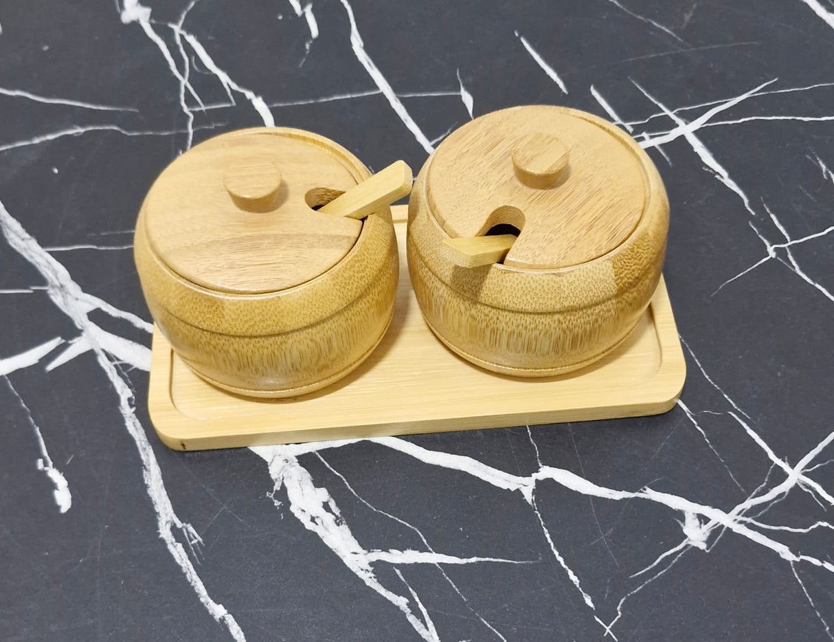Bamboo Condiment Jar Set with Spoon & Tray – Eco-Friendly Natural Wood Salt & Spice Storage Container, 3 Piece