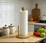 Bamboo Paper Towel Holder with Weighted Base – Freestanding Kitchen Roll Stand with Ball Top, One-Hand Tear
